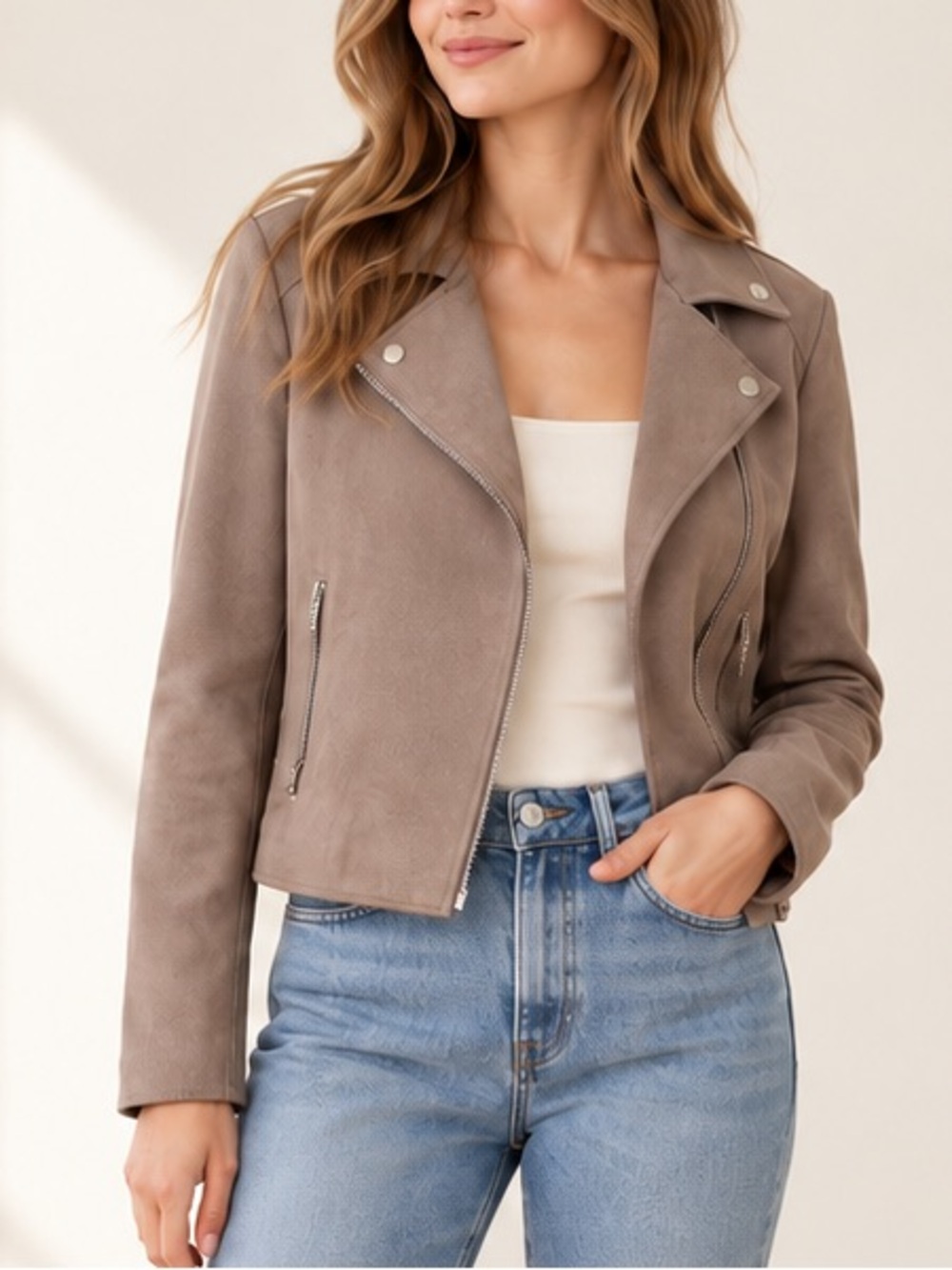 AQUA Taupe Faux Suede Cropped Moto Jacket Silver Zip